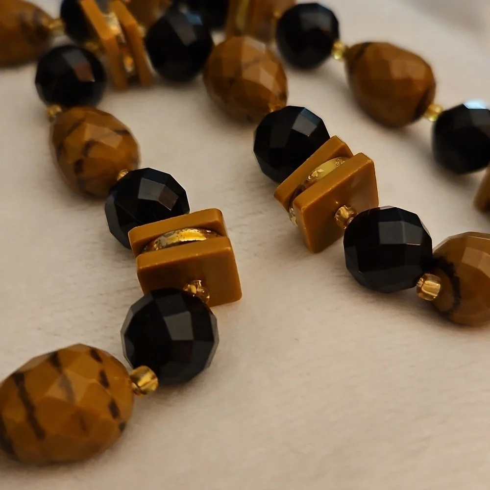 Vintage West Germany Black and Brown Plastic Faceted Beaded Necklace